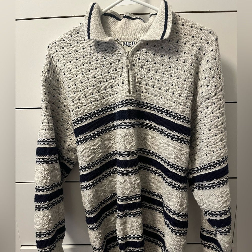 White and Blue Quarter Zip Up Sweater